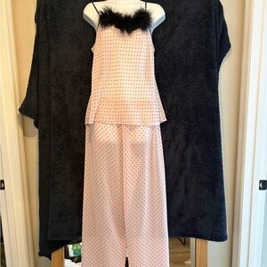 Vintage Oscar de la Renta Pink Tag Sheer Pink Polka Dot PJ Set, Feather Trim